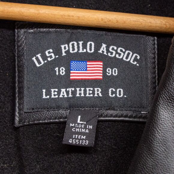 Men's Large Jacket U.S. POLO ASSOC Black Genuine Leather Overcoat Dress Coat - Picture 3 of 7